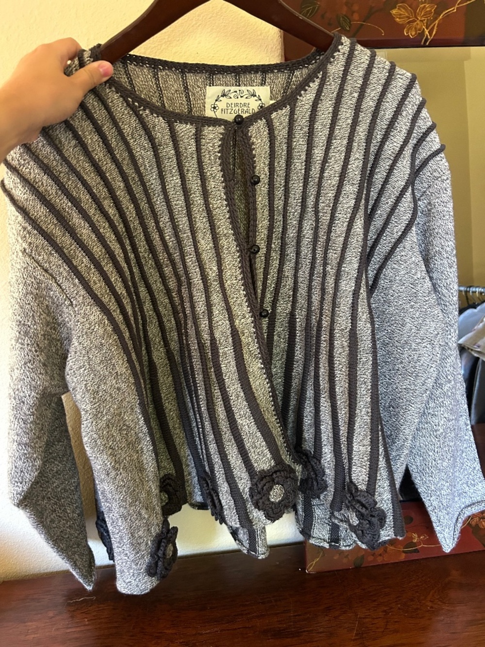 Deirdre Fitzgerald Made in Dublin Ireland Knit Cardigan Crochet Flowers